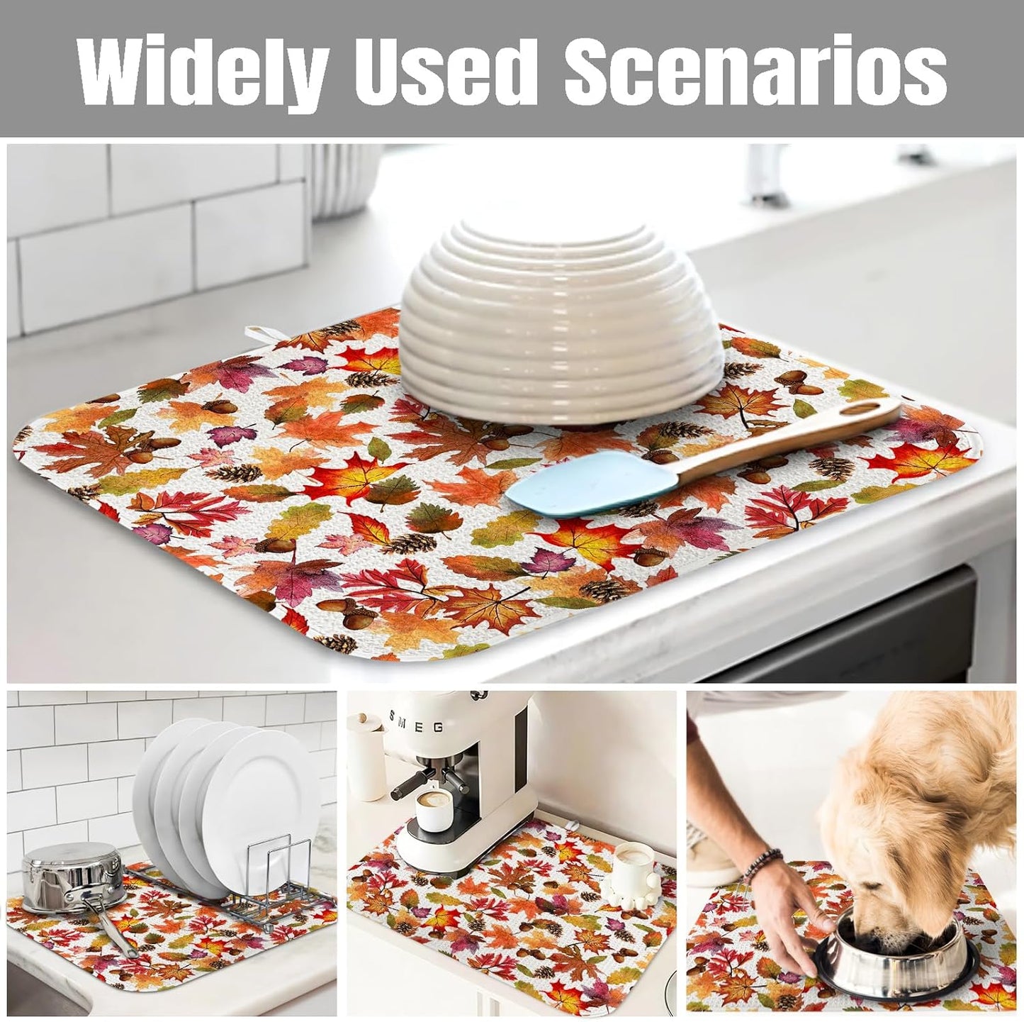 Dish Drying Mat for Kitchen Counter Large 18" x 24" Fall Leaves Absorbent Microfiber Dishes Drainer Rack Mats Pad Reusable Washable