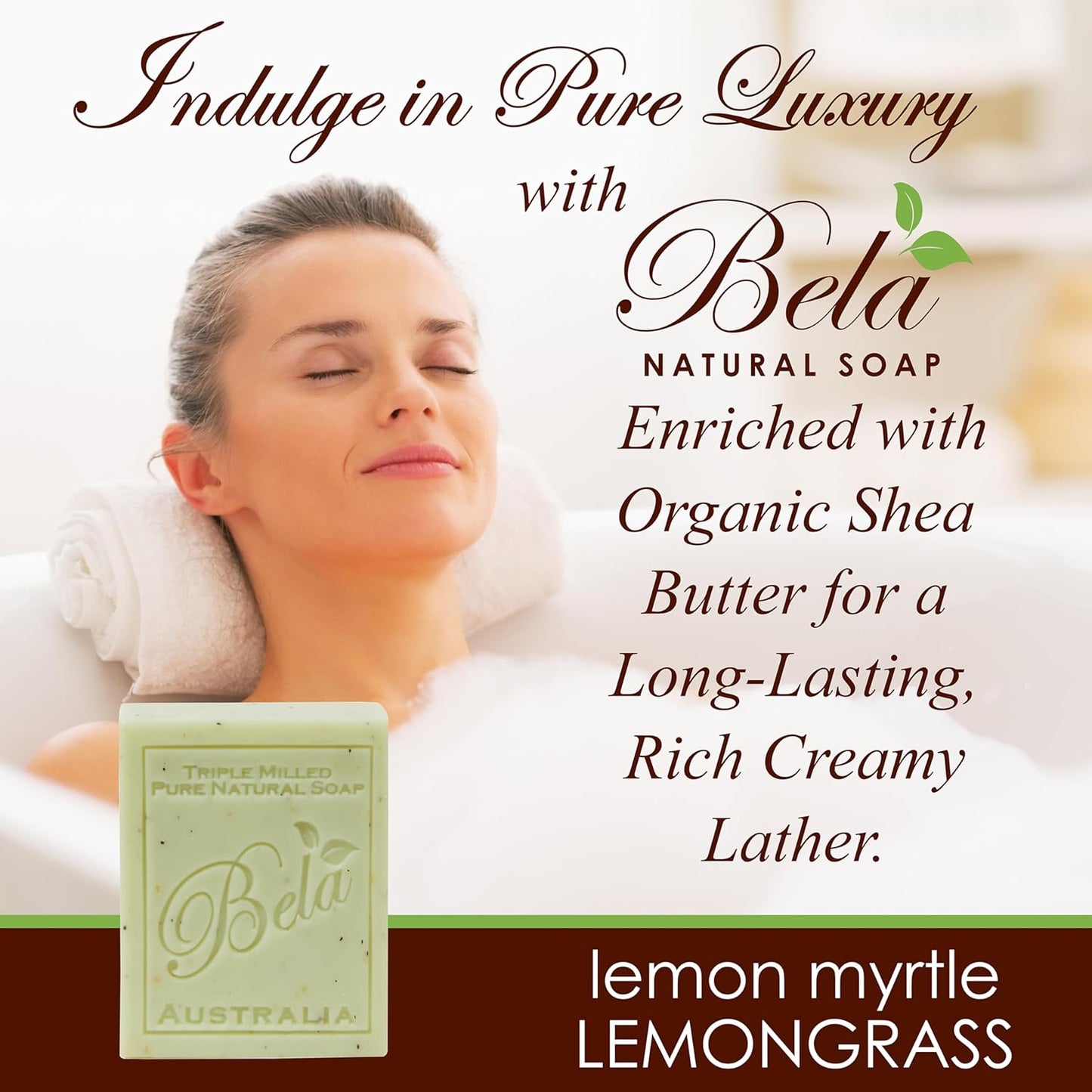 BELA Lemon Myrtle and Lemongrass Soap Bars 3.3 OZ French Triple Milled Bar Soap with Organic Shea Butter Suitable for All Skin Types Long Lasting, Made in Australia, 6 Pack