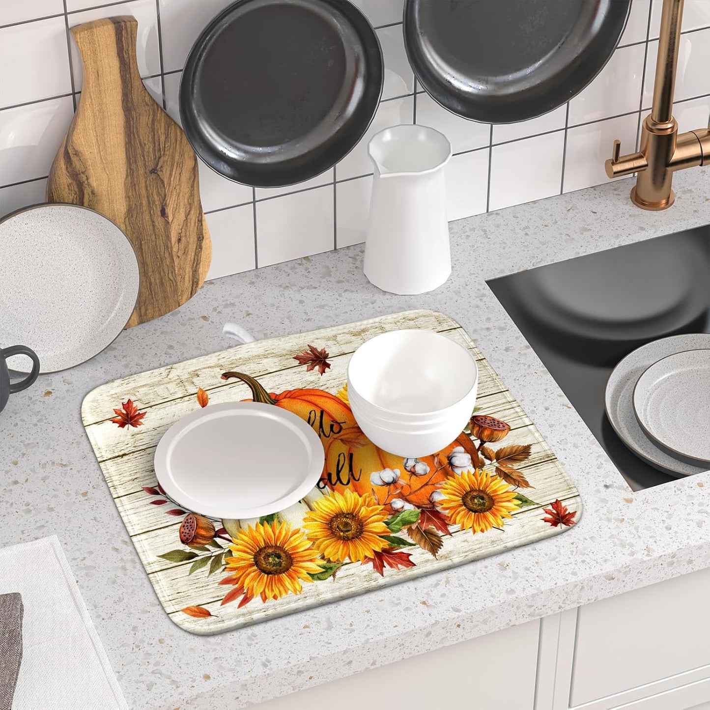 Hello Fall Dish Drying Mat Autumn Pumpkin Dish Drainer Rack Mats 16"x18" Fast Dry Microfiber Dish Drying Pad for Kitchen Countertop Table