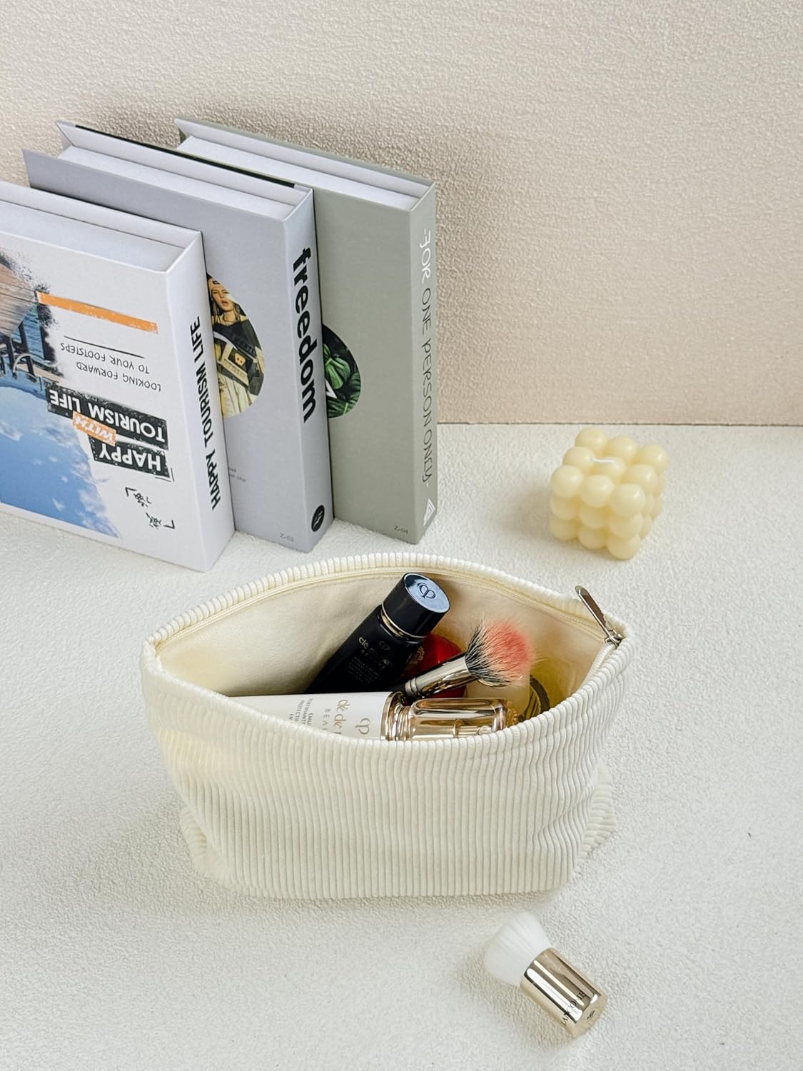 2 makeup bags Women's floral lamp core velvet canvas makeup bag, travel makeup bag, wallet storage, khaki and cute beige