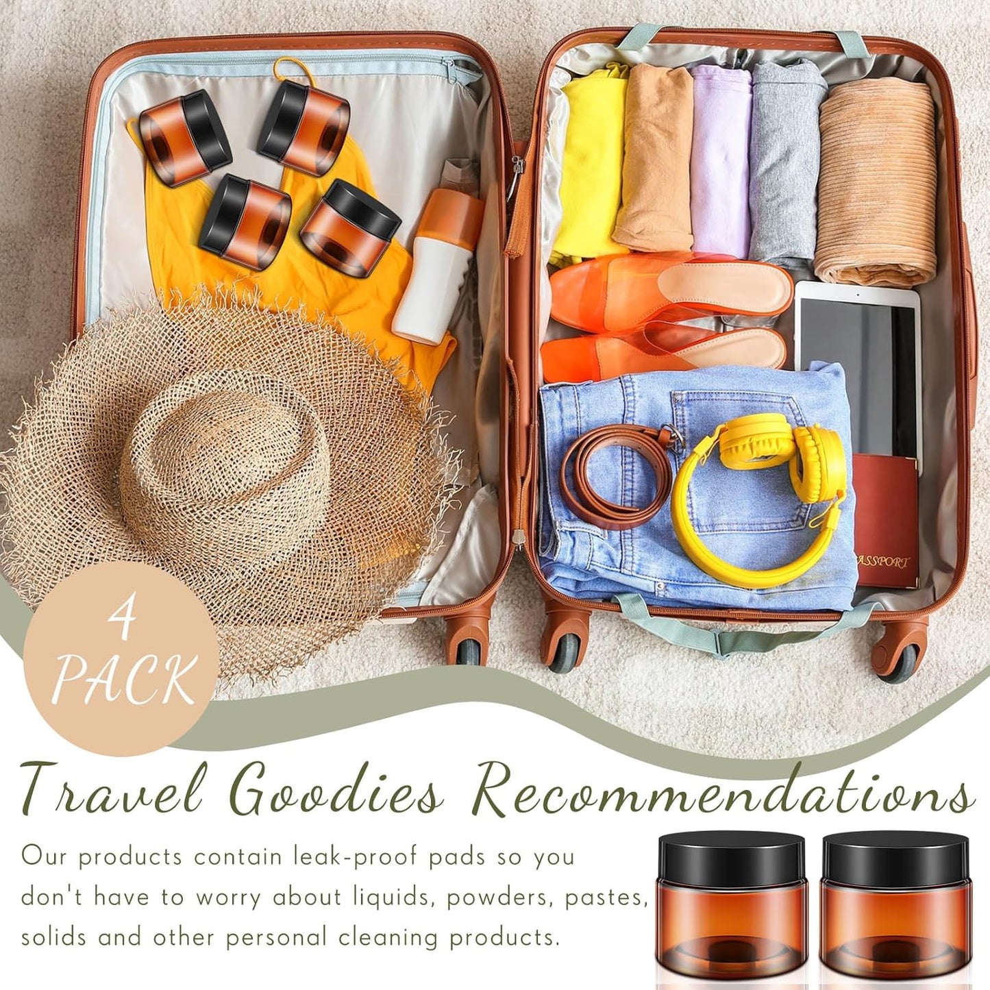 200 Pcs 2 oz Amber Plastic Cosmetic Container Jars with Lid Round Plastic Clear Jars Small Travel Containers for Storage Makeup Creams Lotion Ointments