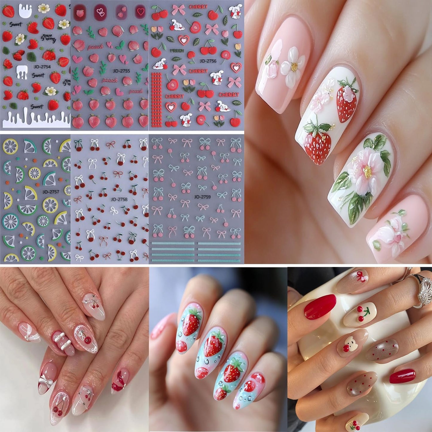 6 Sheets Fruit Nail Art Stickers 3D Self -Adhesive Cherry Strawberry Nail Decals Holographic Lemon Peach Nail Stickers Summer Cute Fruite Nail Decals Decoration for Women DIY Manicure Supplies