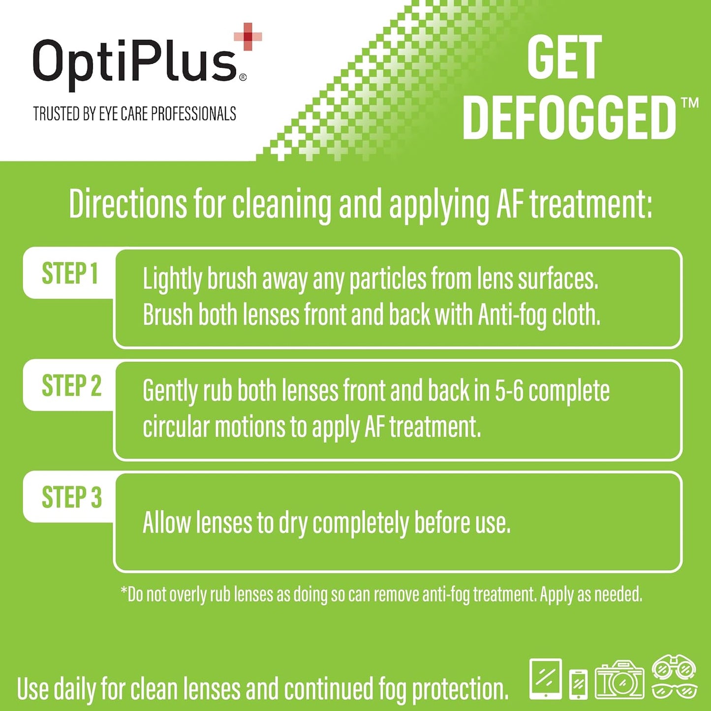 OptiPlus Anti Fog Cloth for Eyeglasses, Goggles, and Shields | Premium Reusable Anti-Fog Treatment | 10 Cloths 1000 uses | Anti-Fog for All Lenses - 10 Pack