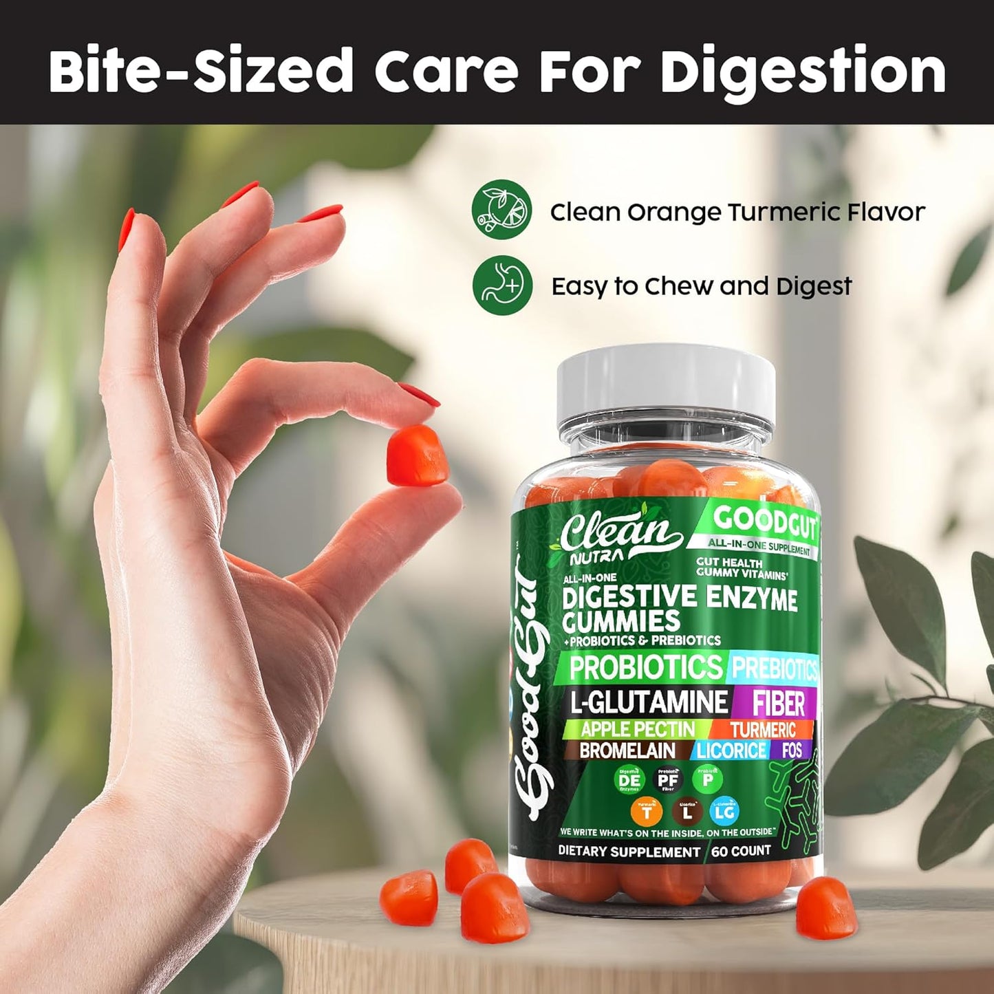 Digestive Enzymes with Probiotics and Prebiotics For Digestive Health Gummies + L-Glutamine For Gut Health Bromelain Turmeric Licorice Fiber Apple Pectin Inulin FOS Plant Pased Vegan Gummy Vitamins