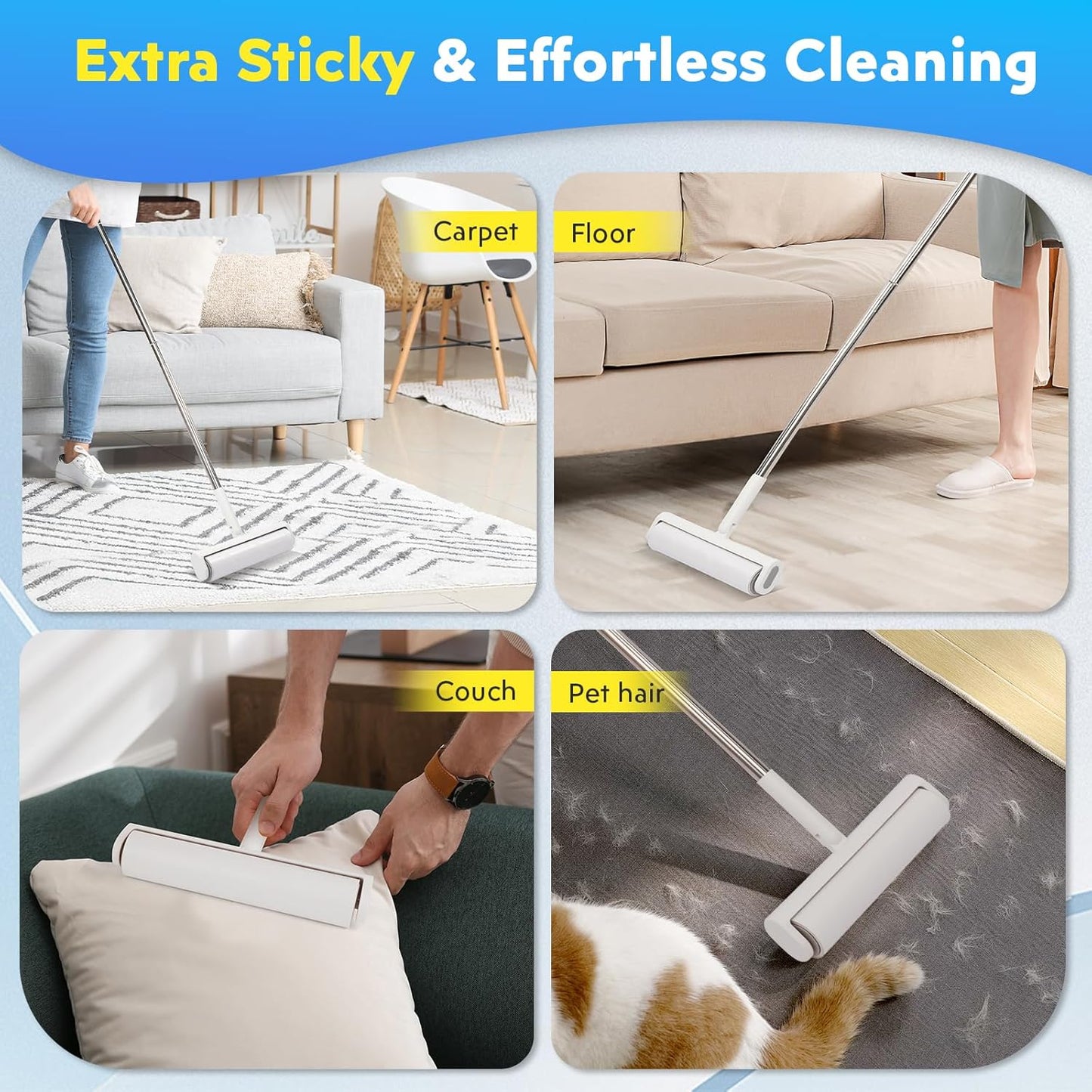 9.49'' Extra Sticky Large Lint Roller Refills, 4-Pack Giant Roller Refills for Carpets, Couch, Floor, Clothing, and Pet Hair Cleaning, 60 Sheets per Roll (240 Sheets Total)