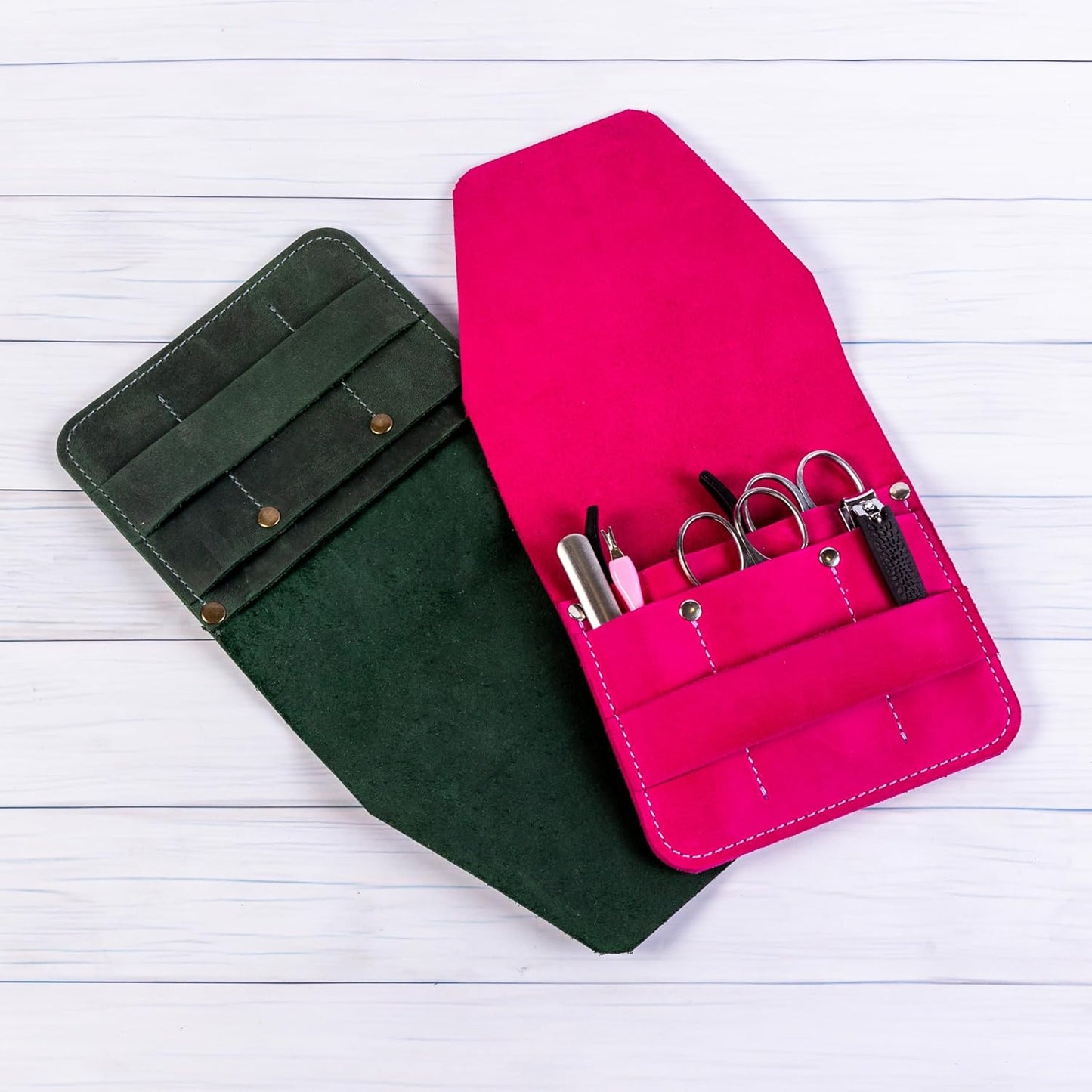 Leather Manicure Set Case Grooming Kit Organizer (Fuchsia)