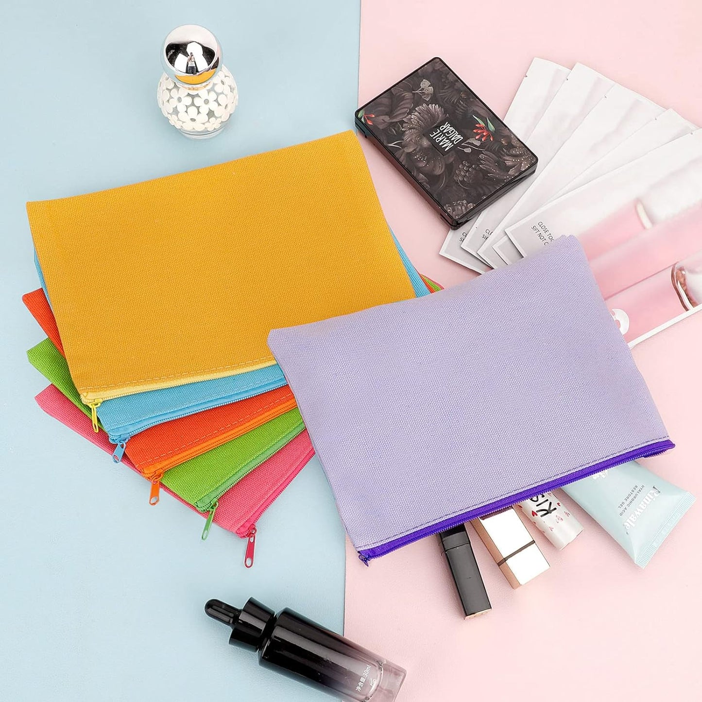 12 Pieces Cotton Canvas Makeup Bag, Multipurpose Cosmetic Bag with Zipper Travel Toiletry Pouch, Blank DIY Craft Bag (Multicolored B, L)