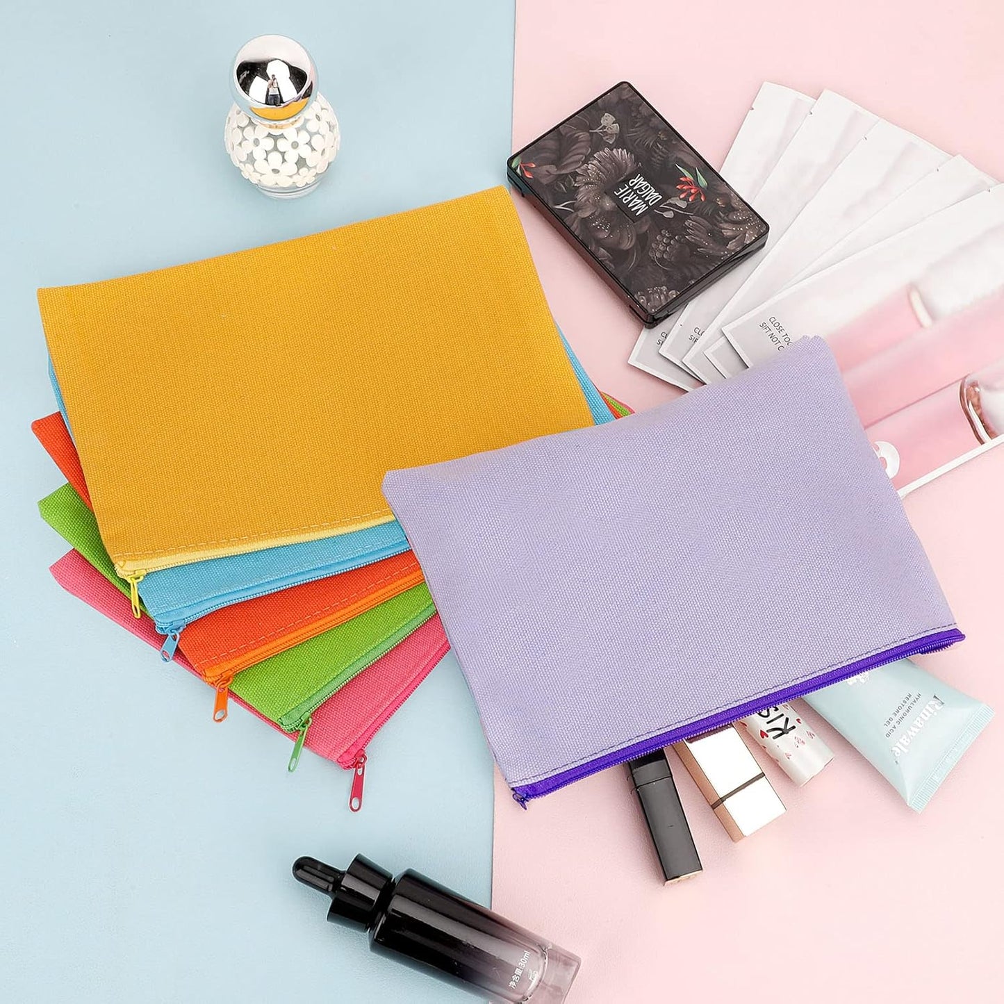 12 Pieces Cotton Canvas Makeup Bag, Multipurpose Cosmetic Bag with Zipper Travel Toiletry Pouch, Blank DIY Craft Bag (Multicolored B, M)