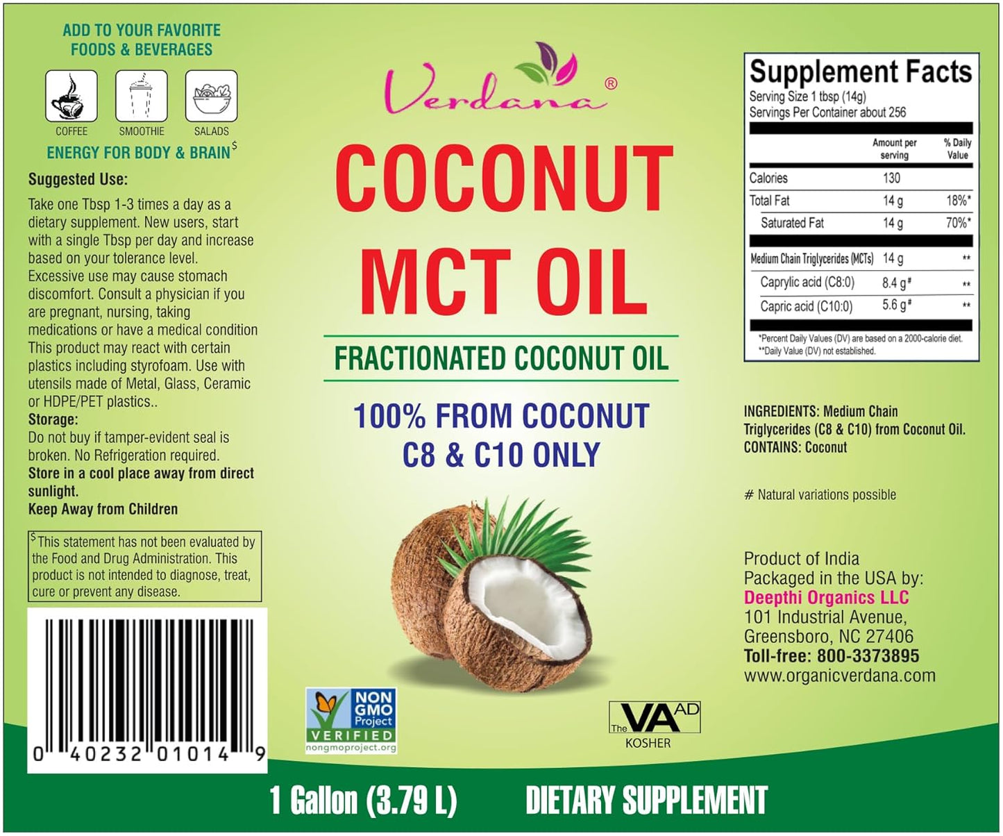 Verdana MCT Oil, Fractionated, 100% from Coconut - 1 Gallon - Kosher Food Grade, Vegan, Non-GMO - Great for Keto and Paleo Diet, Oil Pulling Oral Rinse Mouthwash (128 Fl Oz)