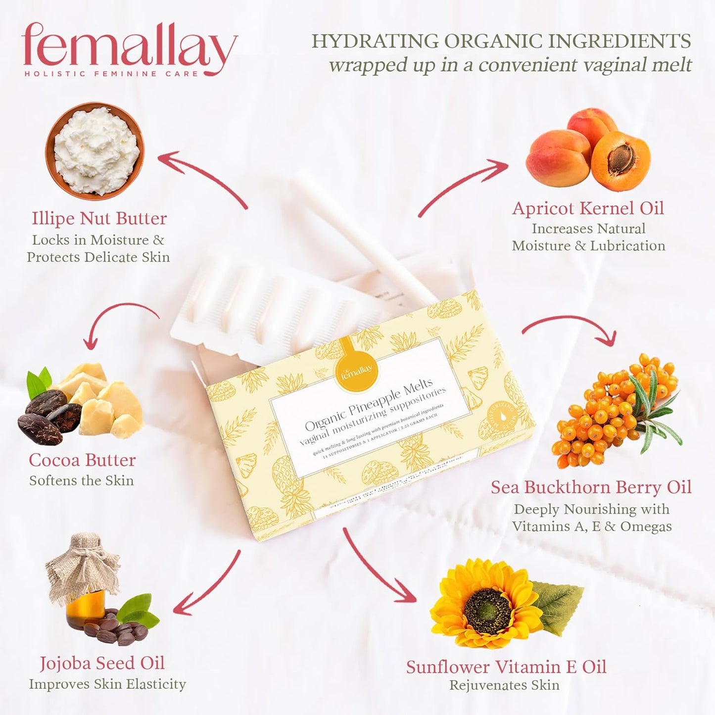 Femallay Organic Vaginal Moisturizing Suppositories – Pineapple 2 Pack – 100% Natural Relief for Dryness, Odor & Daily Feminine Discomfort – 14 Count + Applicator