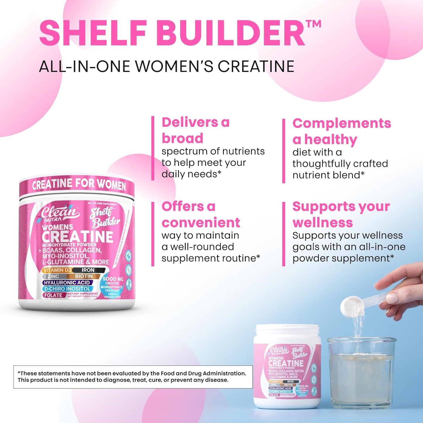 Creatine for Women | Creatine Monohydrate + BCAA Powder Myo-Inositol Collagen Biotin Hyaluronic Acid Folate L Glutamine Vitamin D3 Iron Zinc D-Chiro-Maca Digestion Shelf Builder by Clean Nutra