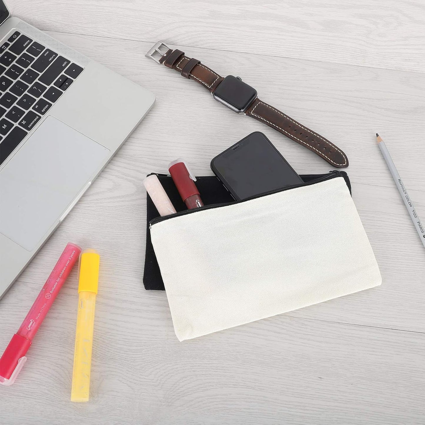 12 Pieces White Cotton Canvas Makeup Bag, Multipurpose Cosmetic Bag with Zipper Travel Toiletry Pouch, Blank DIY Craft Bag (White, S)