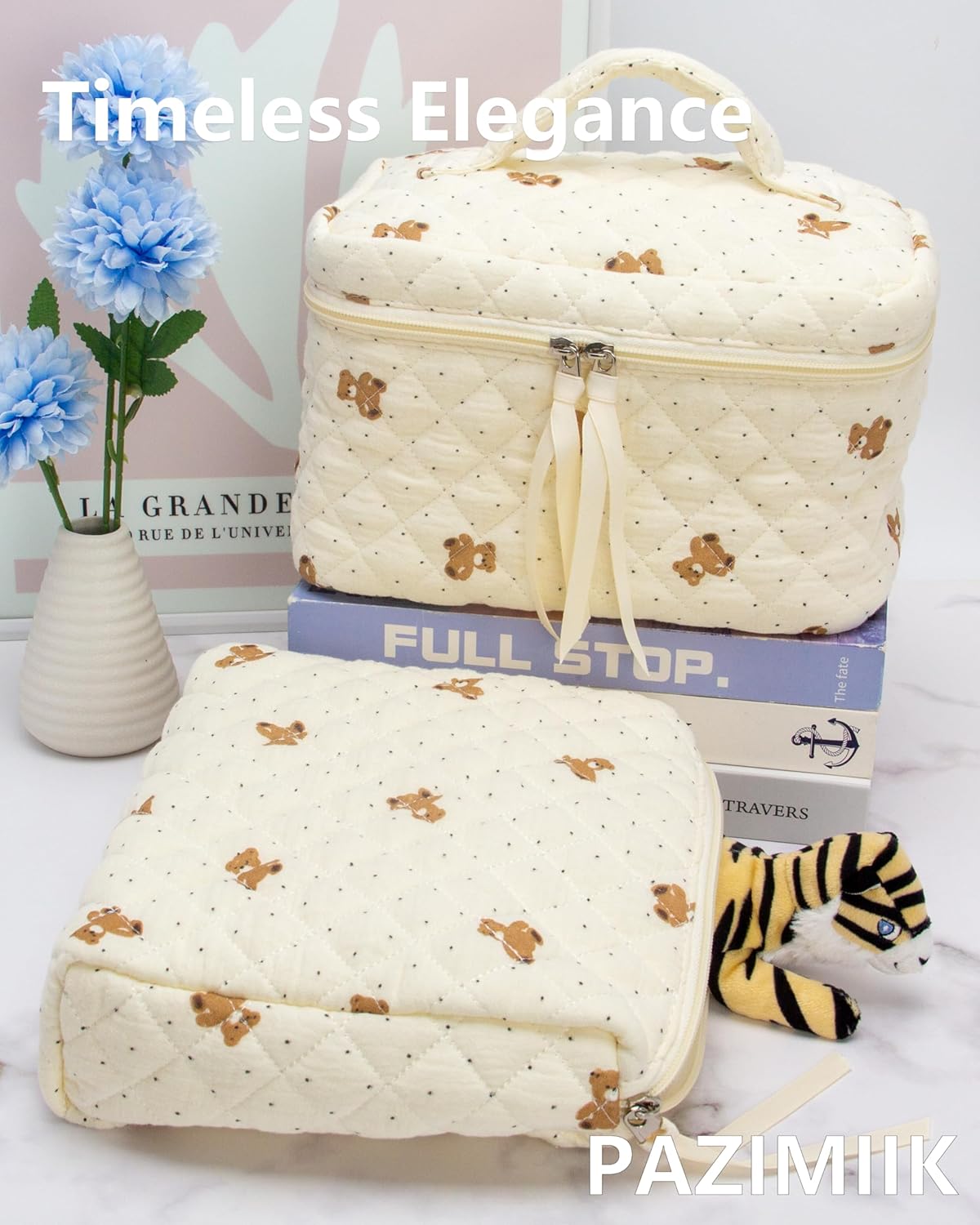 PAZIMIIK Quilted Makeup Bag Large Travel Zipper Soft Cosmetic Pouch for Women Girls Make Up,Gauze Bear