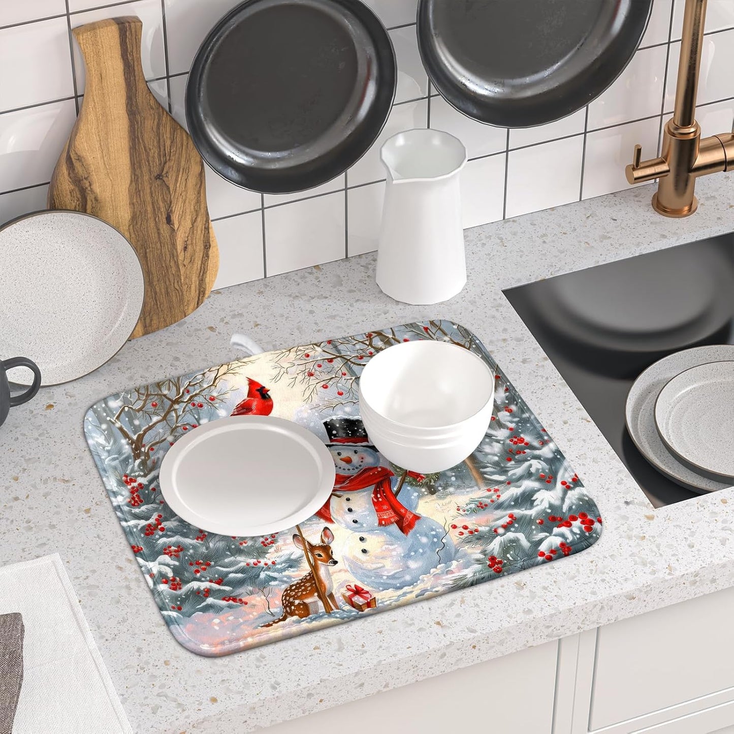Winter Snowman Dish Drying Mat for Kitchen Counter Red Bird Berry Dishes Drainer Mats Holiday Microfiber Absorbent Dish Rack Pad 16x18 Inch