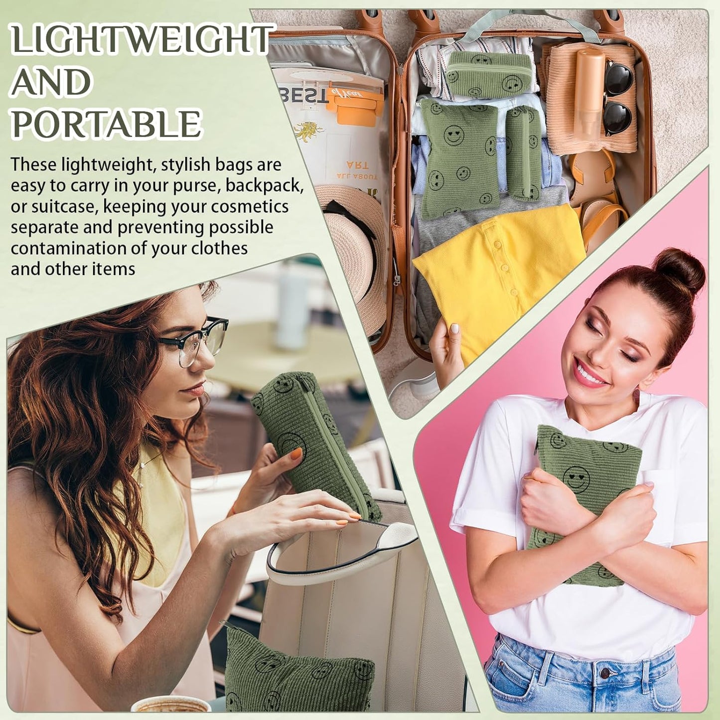 3 Pcs Makeup Bag Set for Women Corduroy Cosmetic Pouch Aesthetic Smile Travel Toiletry Bag Cute Purse Pouch Pencil Case Makeup Brushes Storage Organizer for Christmas(Army Green,Smile Face)