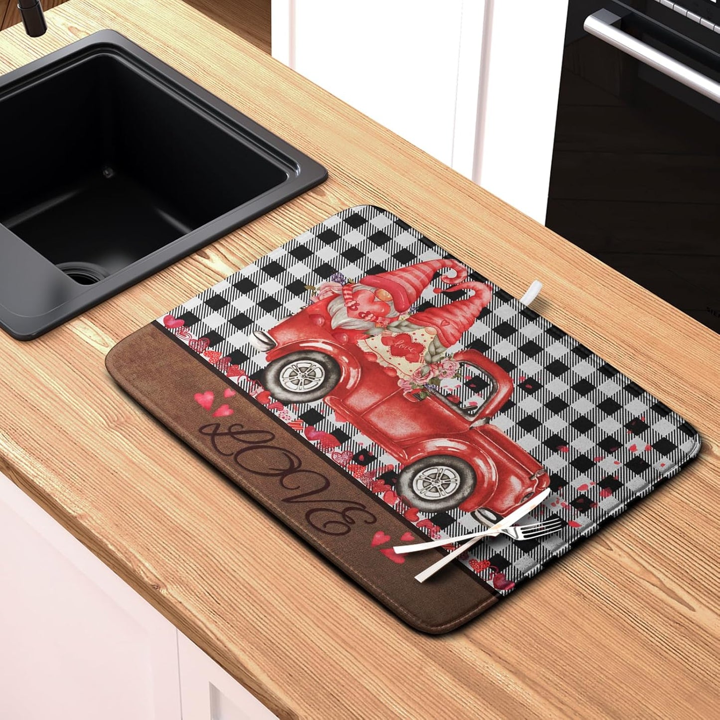 Valentine's Day Dish Drying Mats for Kitchen Counter, Buffalo Plaid Truck Kitchen Drying Mat, Love Heart Gnome Absorbent Dishes Pad 18 x 24 Inch - Farmhouse Decor Valentines Gift