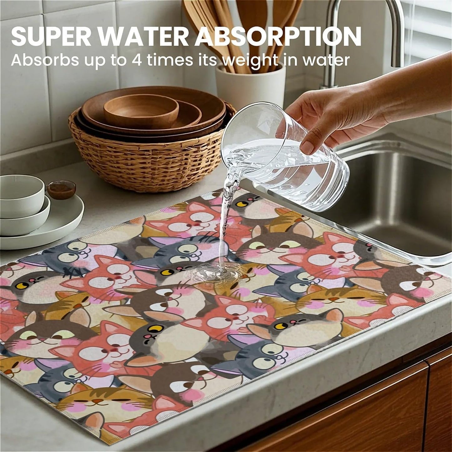 Dish Drying Mat For Kitchen Counter, Colorful Cute Cat Microfiber Absorbent Dish Drainer Rack Pad Reusable Large 18x24in Drying Mat