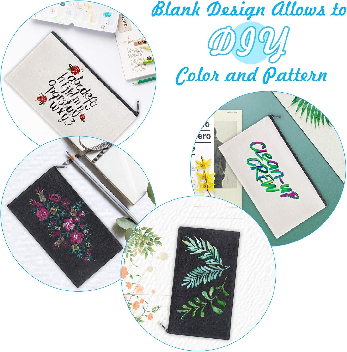 12 Pieces Black Cotton Canvas Makeup Bag, Multipurpose Cosmetic Bag with Zipper Travel Toiletry Pouch, Blank DIY Craft Bag (Black, M)