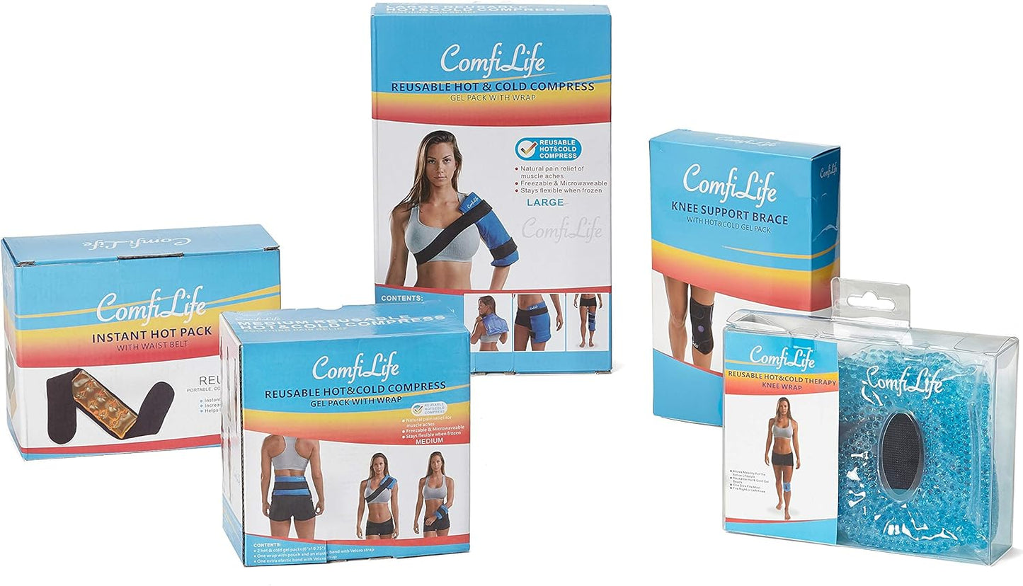 ComfiLife Ice Packs for Injuries (3 Piece Set) – Reusable Hot and Cold Pack with Wrap – Soft Gel Ice Packs for Back, Shoulder, Hip, Knee, Elbow, Joint Pain Relief – Heat & Cold Therapy (Medium)