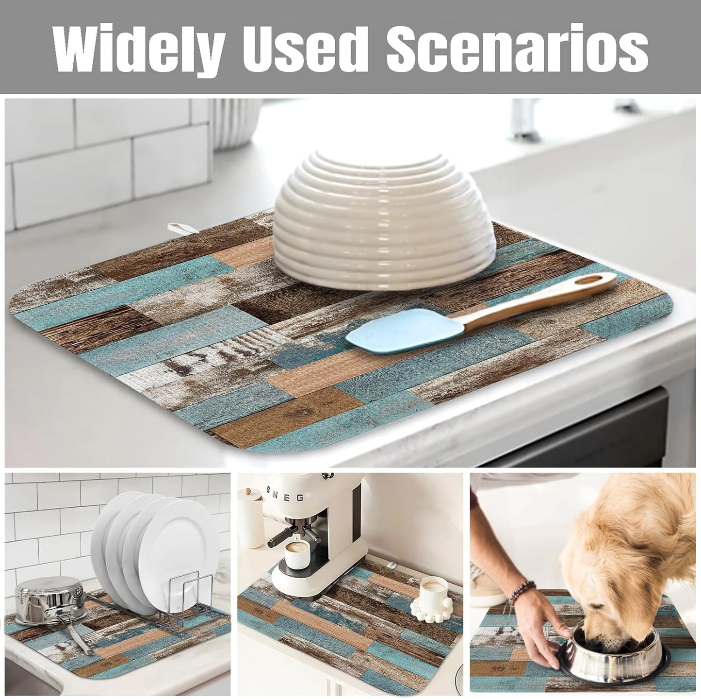 Dish Drying Mat for Kitchen Counter Large 16" x 18" Farmhouse Rustic Wood Absorbent Microfiber Dishes Drainer Rack Mats Pad Reusable Washable