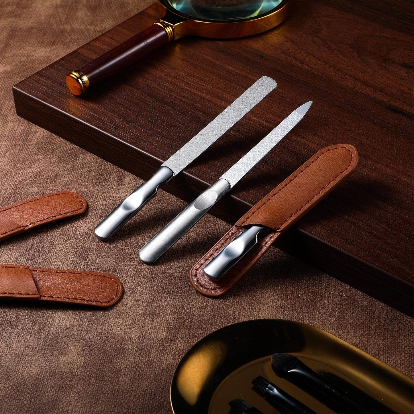 3 Pcs Stainless Steel Nail Files Kit with Leather Case, Double Sided Metal Nail Files with Anti-Slip Handle for Women and Men, Metal File Buffer Manicure Pedicure Tools for Fingernail Toenail(Brown)