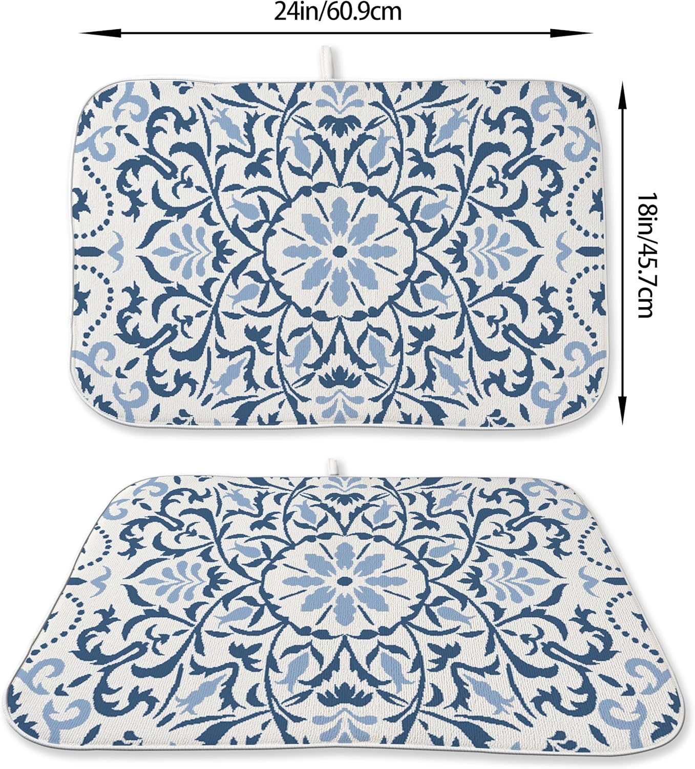 Blue Dish Drying Mat for Kitchen Counter, 18x24 Inch Navy Blue Boho Style Floral Absorbent Dish Drying Pad Heat Resistant Mat Coffee Bar Mat Dish Drainer Rack Mat