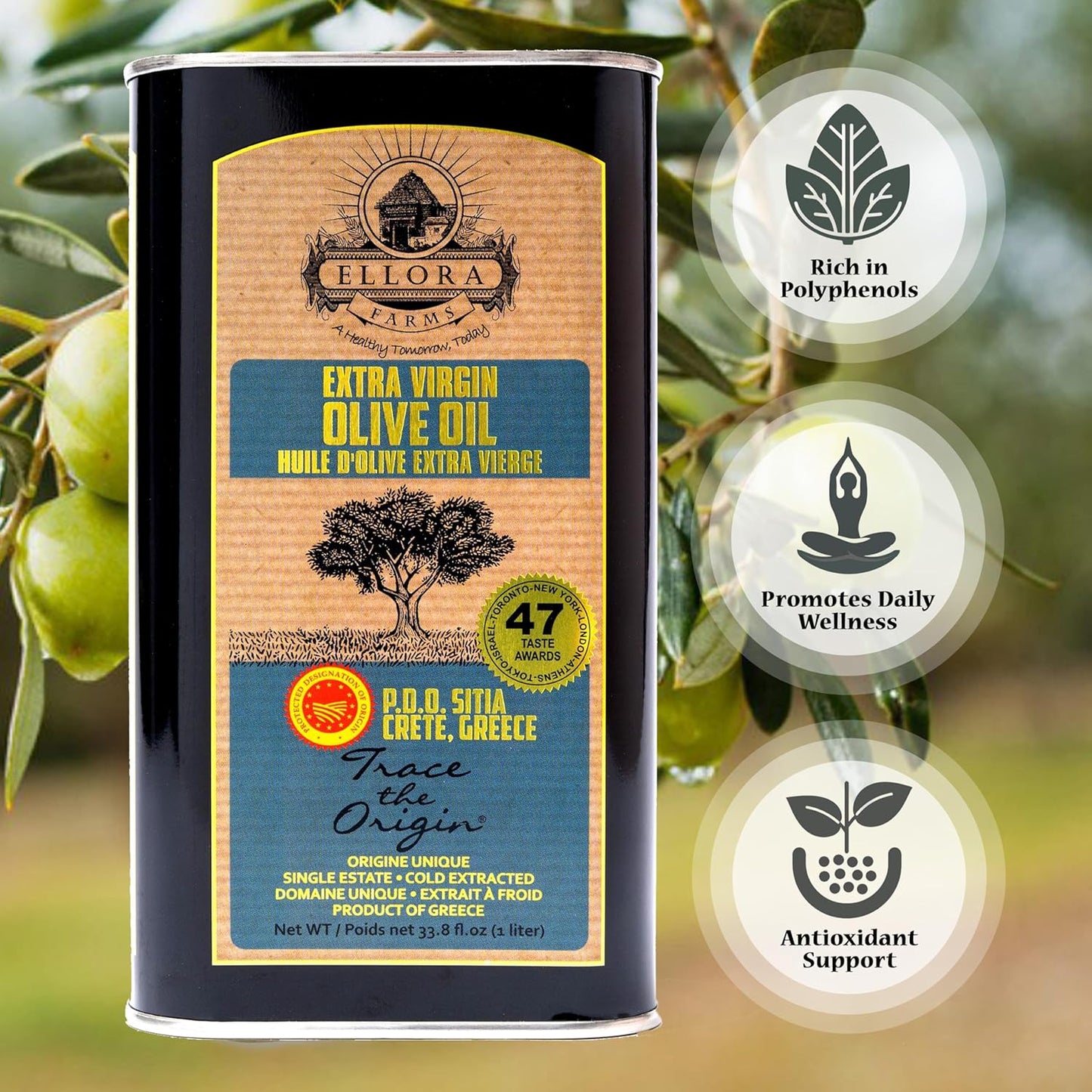 Ellora Farms, Greek Extra Virgin Olive Oil, Certified PDO SITIA, Single Estate, Single Origin, Single Variety, Cold Press & Traceable Olive Oil, Crete, Greece, Kosher, 1 Lt Tin (33.8 oz.)