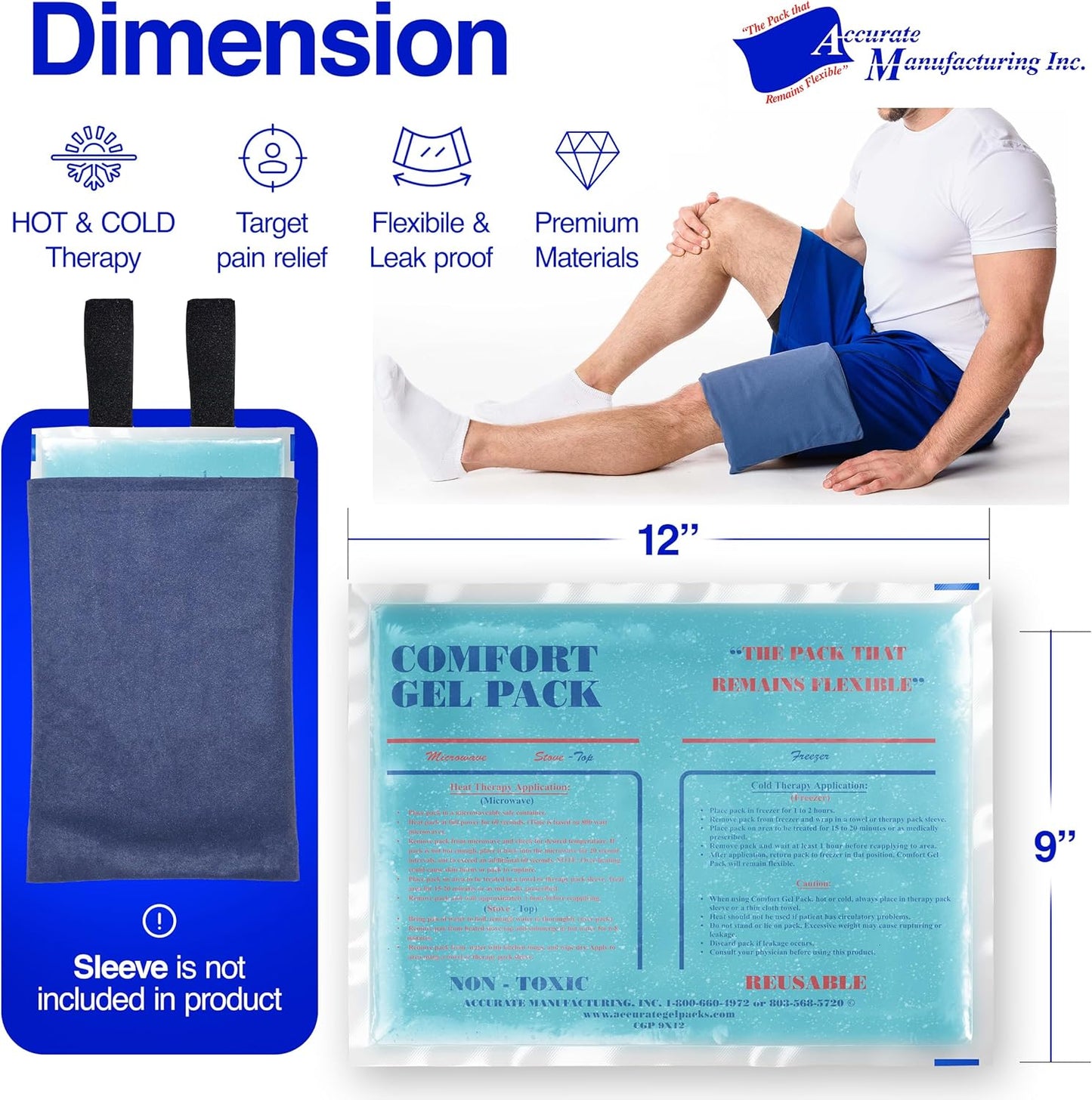 Flexible Reusable Gel Packs for Neck, Wrist, Arm, Back and Shoulder Pain Relief - Versatile Hot or Cold Gel Packs for Injuries, Sore Muscles or Toothache Pain Relief, Blue, 9" x 12", 1 Pack