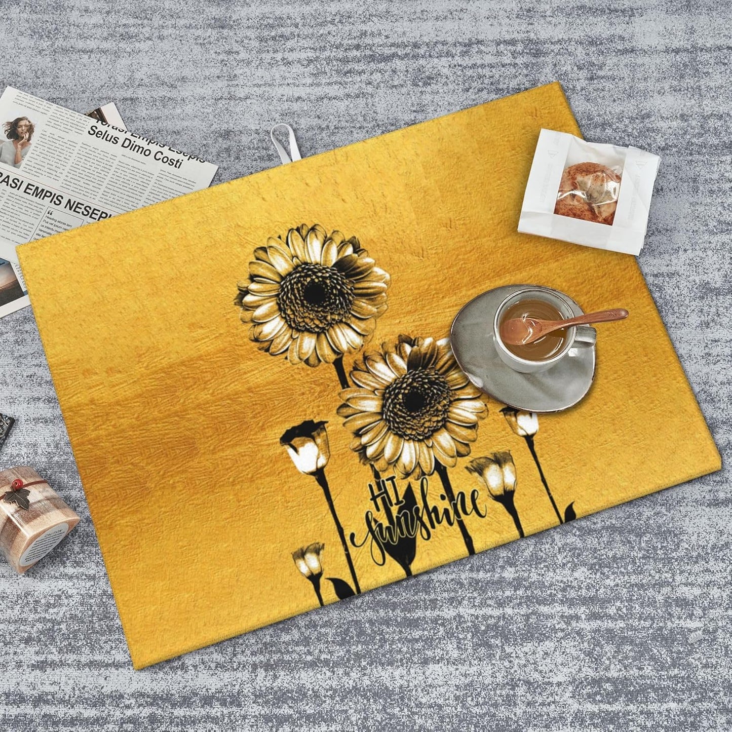 Sunflower Microfiber Dish Drying Mat for Kitchen Counter 18"x24" Black Gold Dishes Pad Dish Drainer Rack Mats Absorbent Washable Reusable