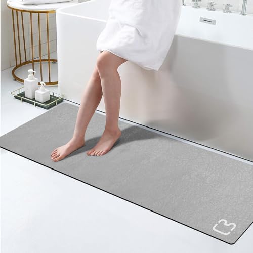 Grey Bath Mat 17" x 59" Extra Long Bathroom Mat Large Fast Dry Super Absorbent Non-Slip Rubber Backed Shower Mat Bath Rugs Mats for Bathroom Floor, Tub, Shower, Sink, Gray