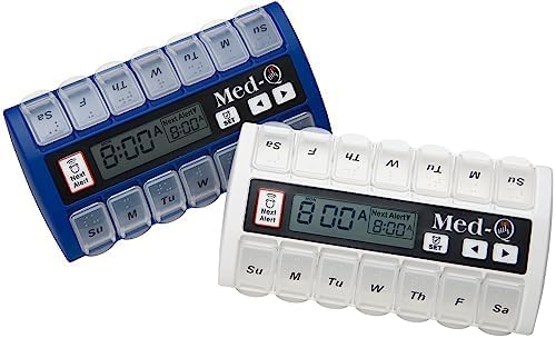 Weekly Pill Organizer with Alarms | Automatic Electronic Pill Box with AM/PM Compartments, Flashing Light, Sound Alerts | Dual Color Combo 2 User | Medication Reminder for Seniors - Blue/White