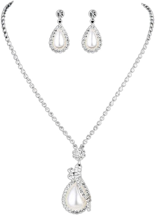 Yean Bride Silver Necklace Earrings Set Crystal Bridal Wedding Jewelry Sets Rhinestone Choker Necklace for Women and Girls