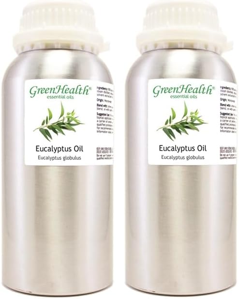 2 Bottles – GreenHealth Eucalyptus Essential Oil – 16 fl oz Each (32 fl oz Total) – 100% Pure & Uncut – Bulk Aromatherapy Oil in Aluminum Bottles – for Diffuser, Cleaning, DIY, Home Fragrance