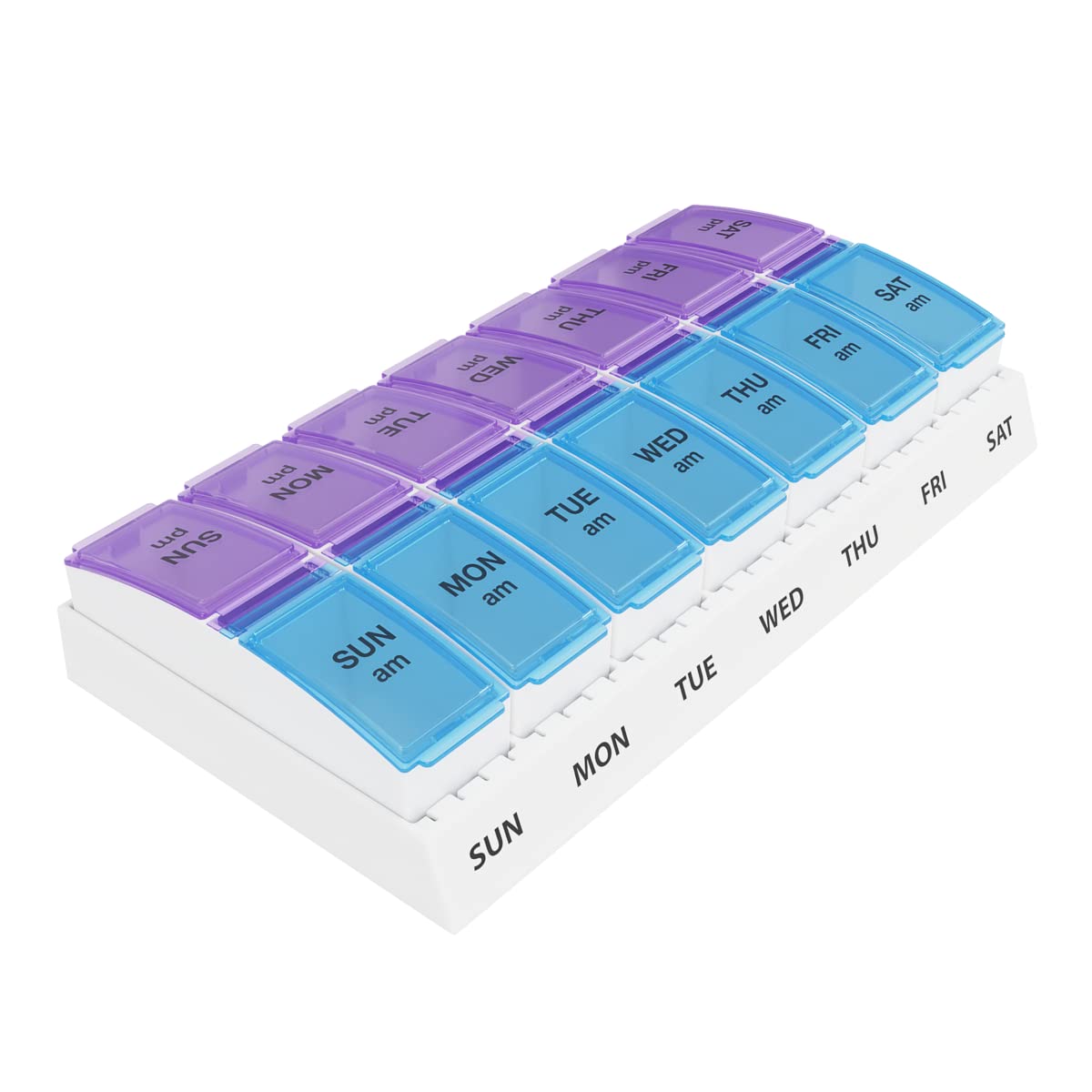 EZY DOSE Weekly (7-Day) AM/PM Pill Organizer, Vitamin and Medicine Box, Large Pop-out Compartments, 2 Times a Day, Blue and Purple Lids