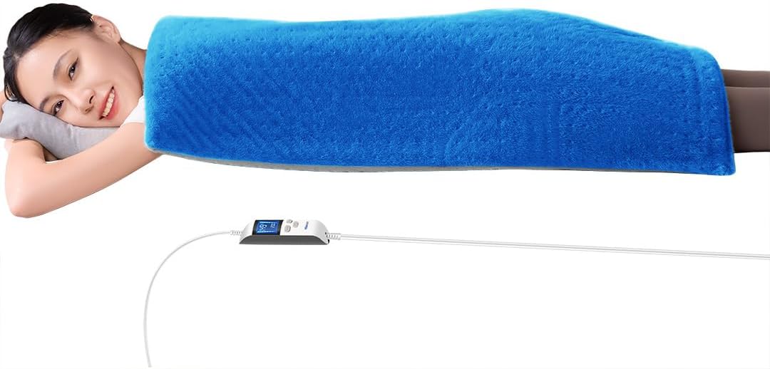Boncare® 17"x33" Extra Large Heating Pad for Back Pain Relief & Period Cramp Without Auto Shut Off & 5 Auto Shut-Off Timers, 6 Heat Levels 9 Hr Auto Off and 12.6ft Cord Bed Foot Warmer(Blue)