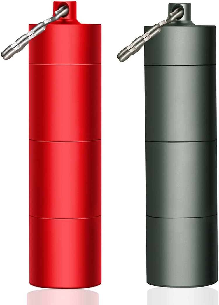 Portable Keychain Pill Case Holder, EFFIET 3 Compartments Metal Pocket Emergency Pill Container Box for Daily Supplyment (Red+Matt Finished)