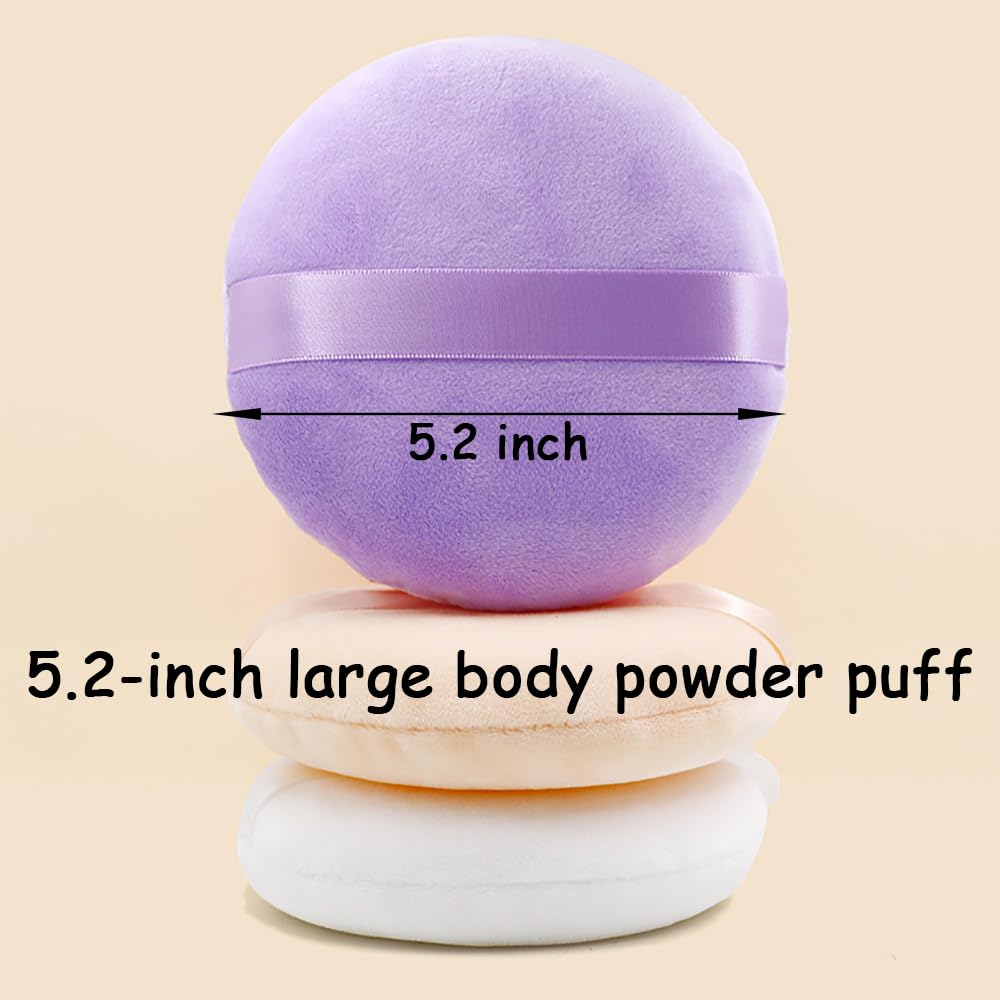 2 Pack Extra Large 5.2" Beige & Purple Powder Puffs and 5.3" Glass Container – Oversized Soft Body & Face Large Powder Puff Dusting Powder Jar Holder Case(Pink Glass)