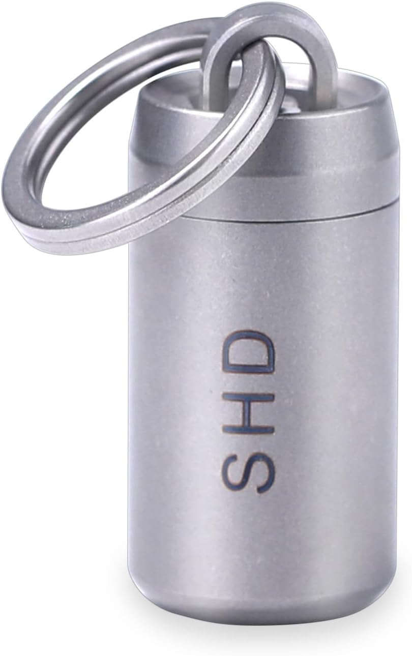 SHD Pill Holder Keychain,Titanium Waterproof Mini Pill Case Container,Portable Small Pill Box for Outdoor Travel Camping