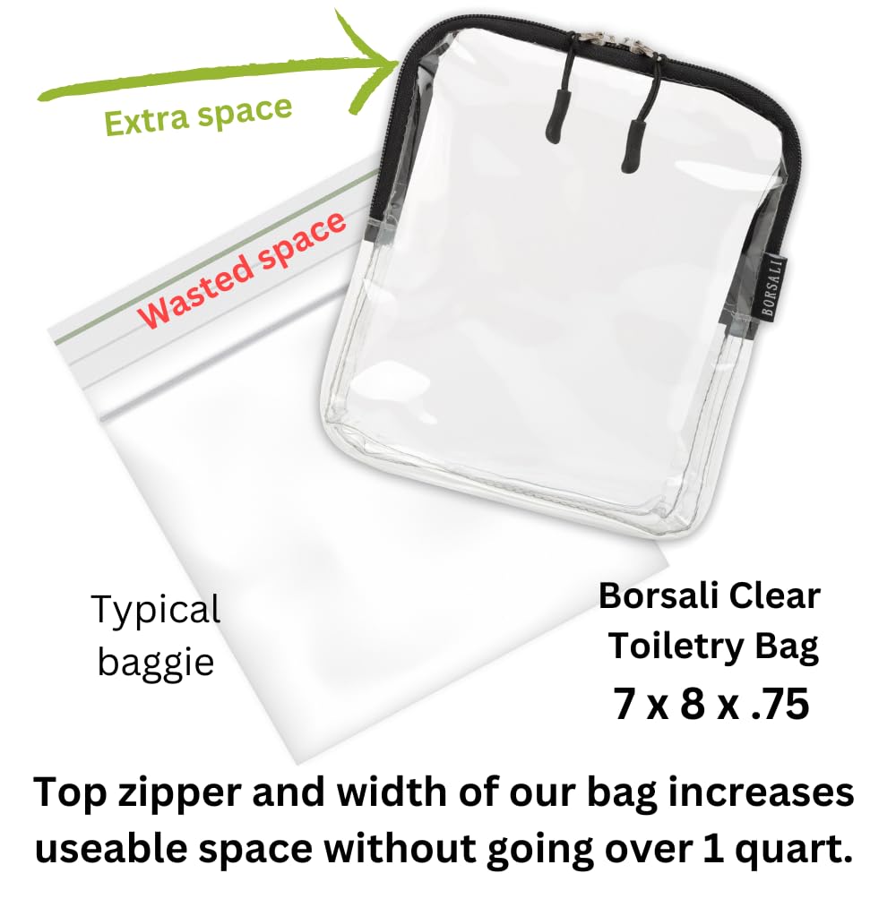 BORSALI TSA Quart Size Bag Approved for Carry On Travel - One (1) Quart Clear Toiletries, Cosmetic and 3-1-1 Liquids Toiletry Bag - 2 Pack