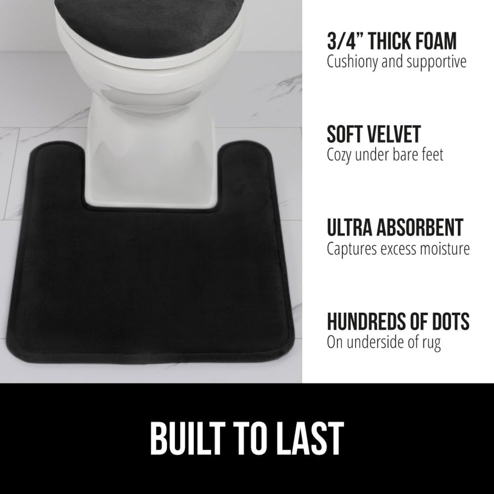 GORILLA GRIP Thick Memory Foam Toilet Rug for Bathroom, Square Shaped Washable, Soft Absorbent Velvet Topside Floor Mats, Machine Wash, Cushioned Luxury Rugs for Bath Room, 22.5x19.5, Black