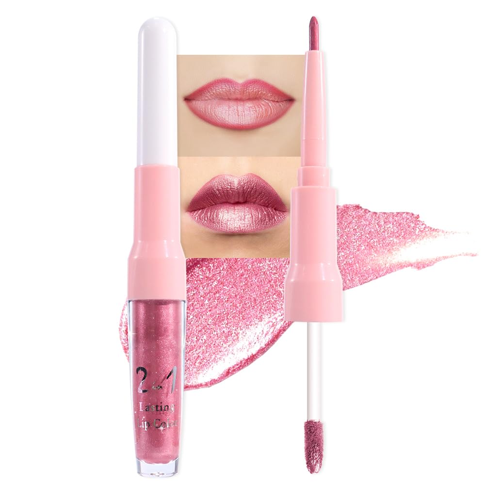evpct Warm Pink Metallic Glitter Lip Liner and Lipstick Combo Lip Gloss Stain Set Makeup for Women Long Lasting Waterproof 24, Baby Pink Metallic Shimmer Frosted Iridescent Glossy Liquid Lipstick 12