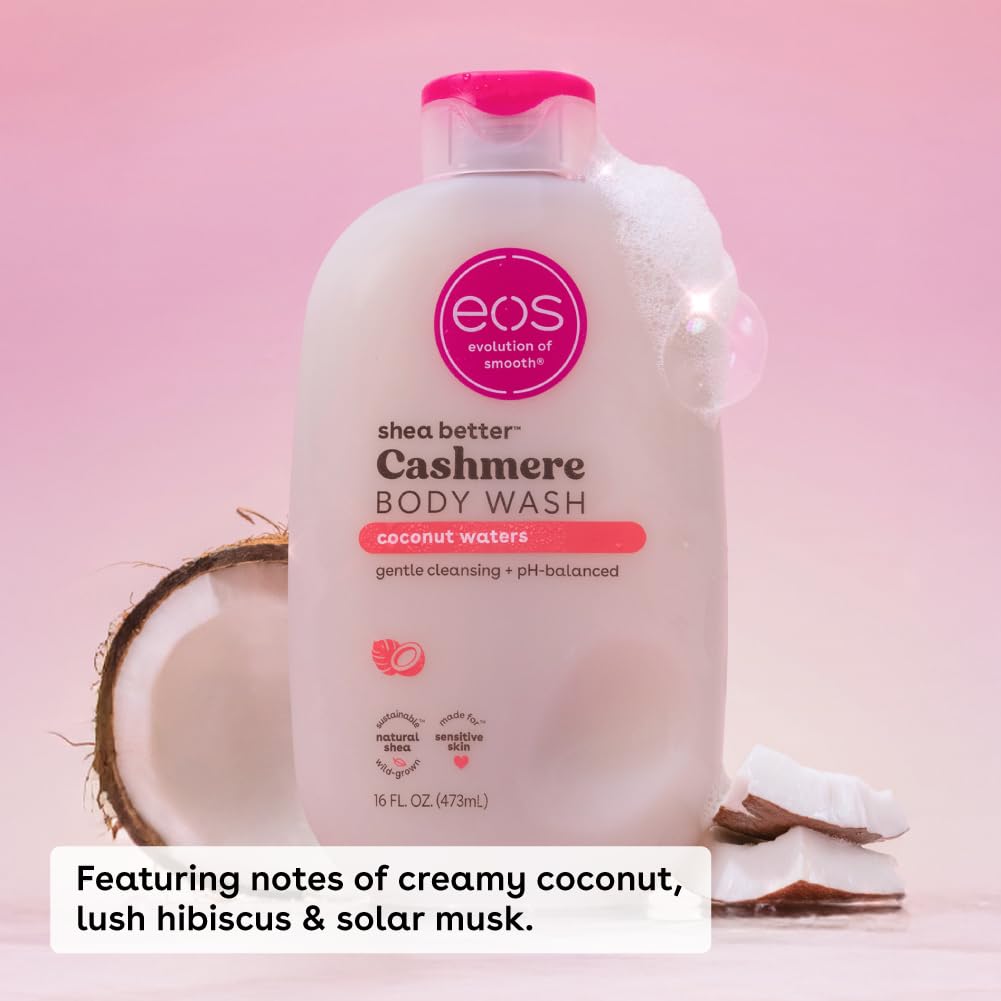 eos Shea Better Cashmere Body Wash, Coconut Waters, Moisturizing, pH Balanced Body Wash, Creamy Gel Formula, Paraben & Phthalate Free, Sensitive Skin, 16 fl oz