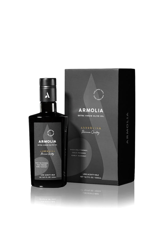 ARMOLIA Pure Olive Oil Extra Virgin Cold Pressed Glass Bottle, EVOO 2025 Gold Award Winner Drinking Polyphenol Rich Olive Oil Early Harvest, High Polyphenol (<400 mg/kg) Low-Acidity (0.14%), Hand Picked (500ml)
