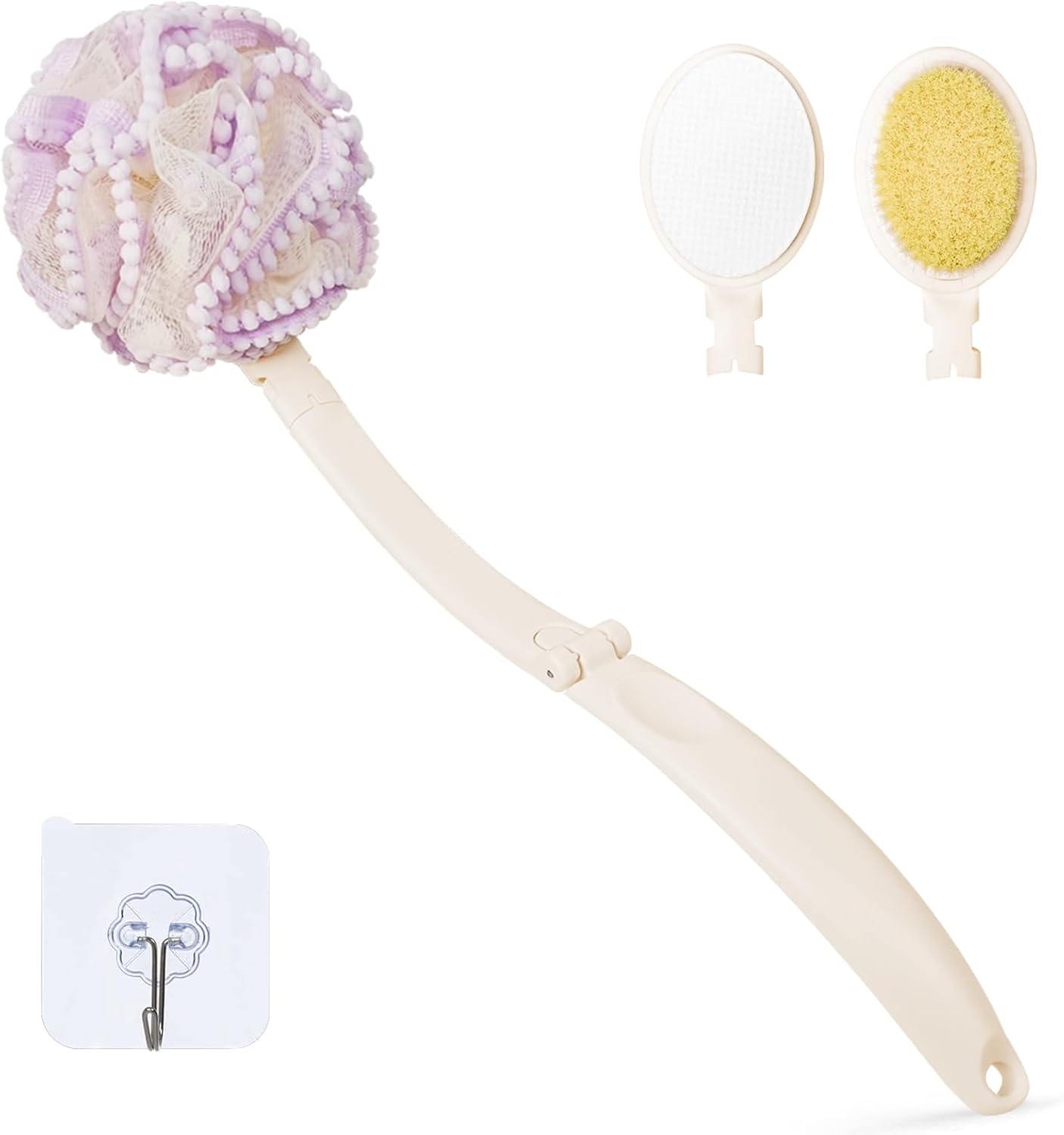 Loofah Sponge with Handle,Back Scrubber Brush for Shower, Lotion Applicator for Back,3 in 1 Shower Kit (Purple loofah)