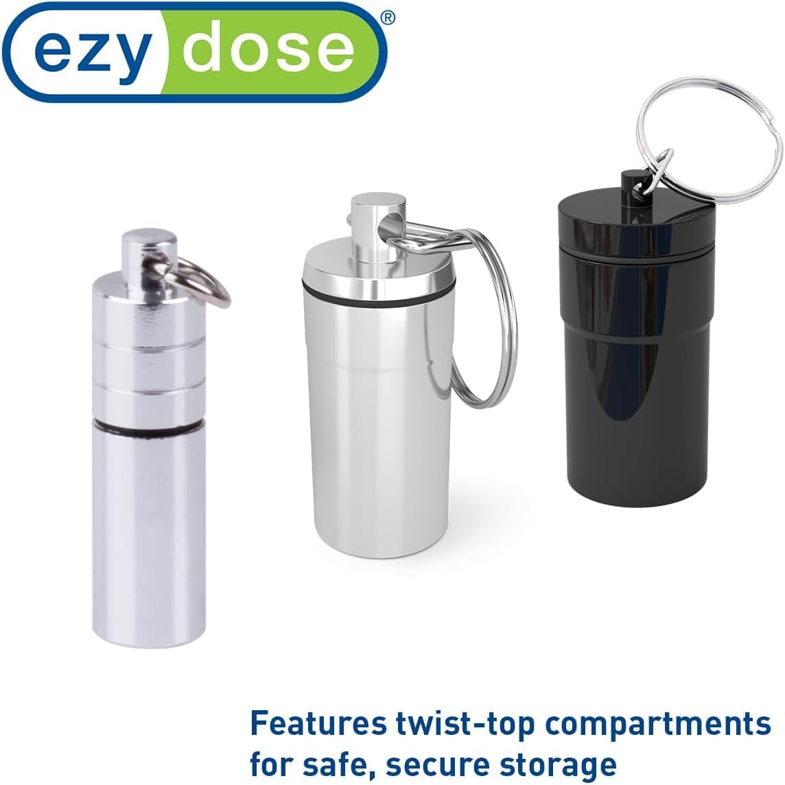 EZY DOSE Keychain Pill Box and Medicine, Vitamin Container, Safe for Money & Travel Items, Metal Canister, Easily Store Nitro Heart Pills, Small Compartments, BPA Free