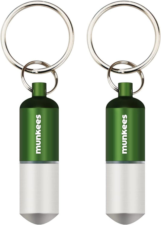 munkees Portable Pill Case Small Waterproof Capsules EDC Keychain, Travel Pill Bottle for Camping, Hiking, Backpacking, Compact Valuables Container for Outdoors 2-Pack