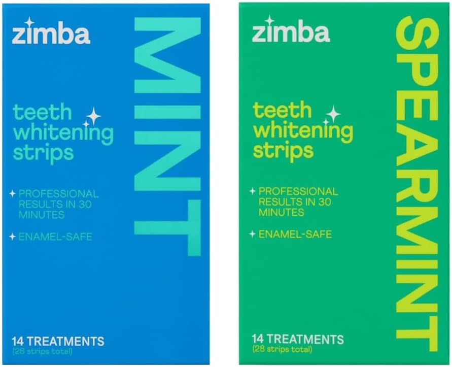 Zimba Teeth Whitening Strips for Teeth Sensitive, White Strips for Teeth Whitening, Teeth Whitener Stain Remover 28 White Strips Included Per Pack, 2 Pack (14 Day Treatment), Mint and Spearmint