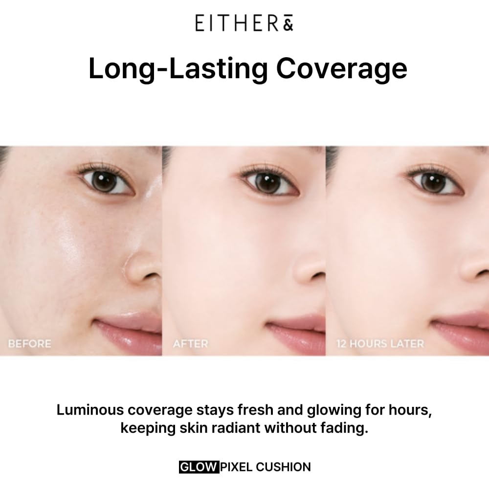 EITHER& Glow Pixel Cushion Foundation, Glowy Skincare, Korean Makeup, Natural Coverage, Moisturizing, Lightweight, Long Lasting Coverage for Flawless Skin (32N Caramel)