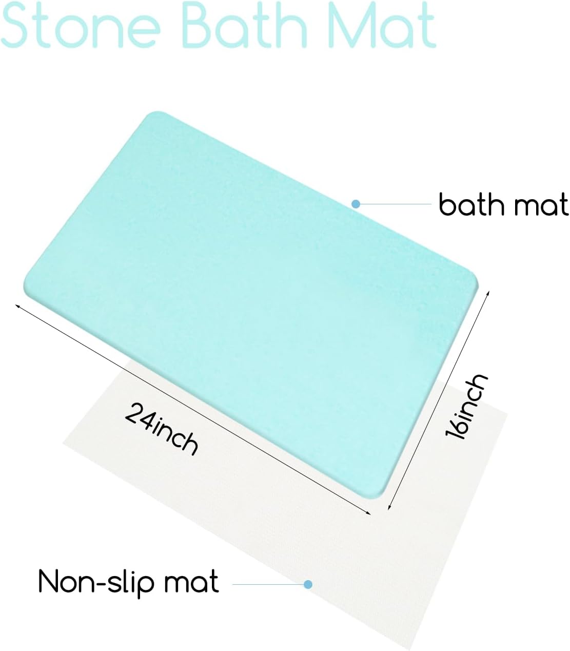 Stone Bath Mat 24"x16" - Diatomaceous Earth Shower Mat, Quick Dry, Anti-Slip, Modern Design with Bonus Non-Slip Pad - Perfect for Home Safety and Style, (Green)