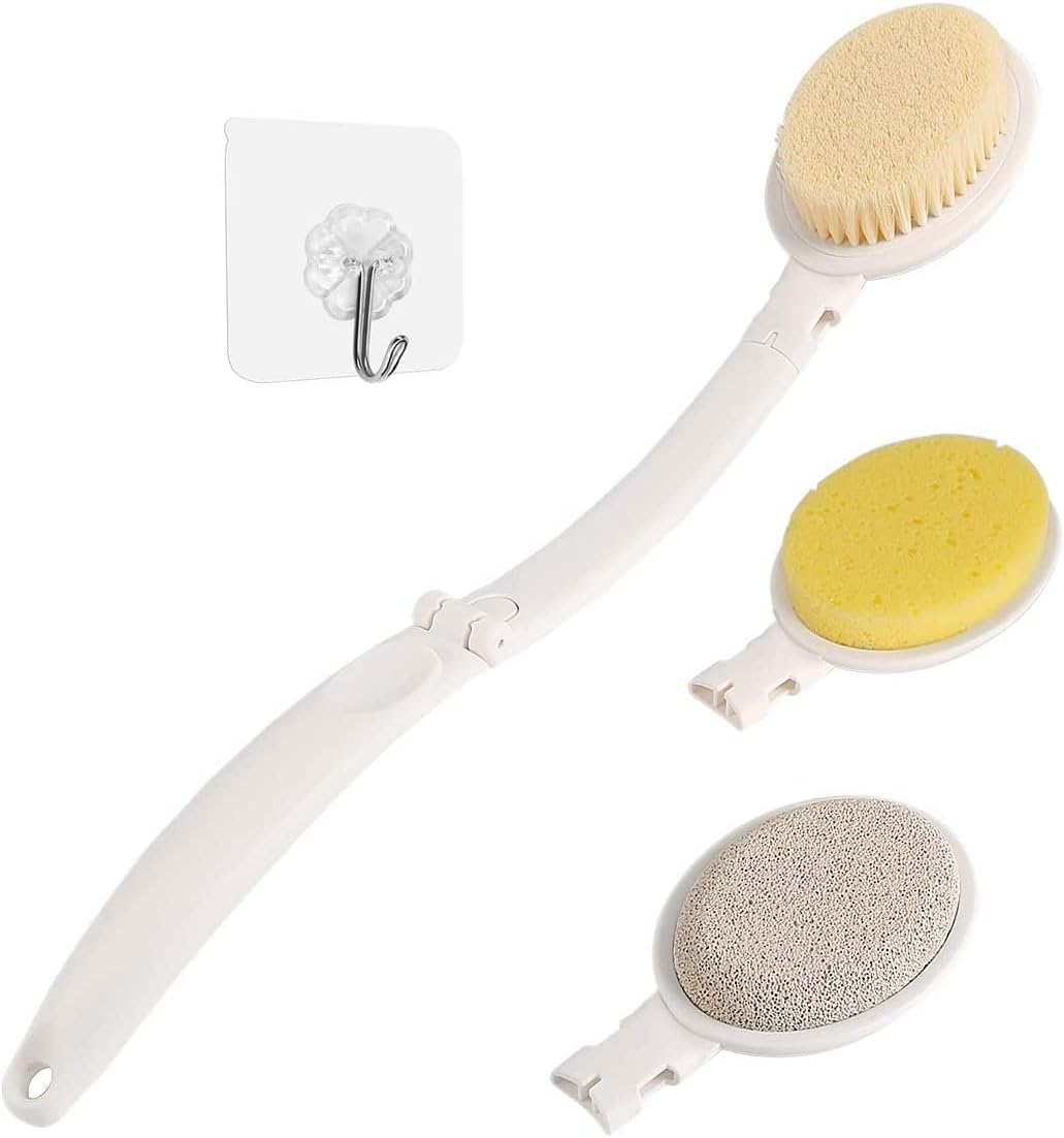 LFJ 19" Long Handle Shower Sponge Brush Set, 3 in 1 Body Brush, Bath Sponge and Lotion Applicator Improved Skin Health, Suitable for Men and Women (White Brush with pumice-1P)